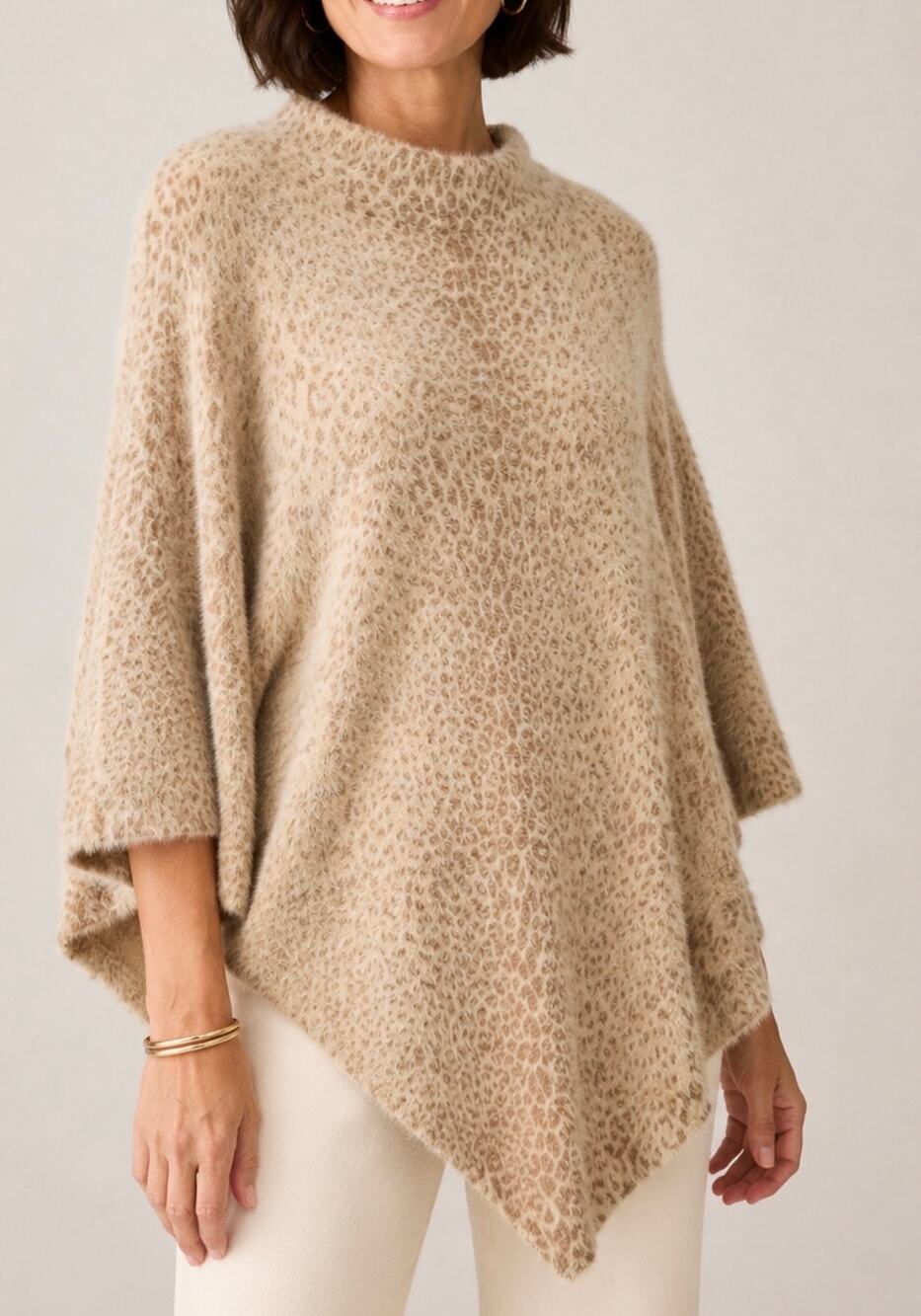 Chico’s Feather Knit Leopard Poncho Sweater S/M Beige Animal Print Asymmetrical